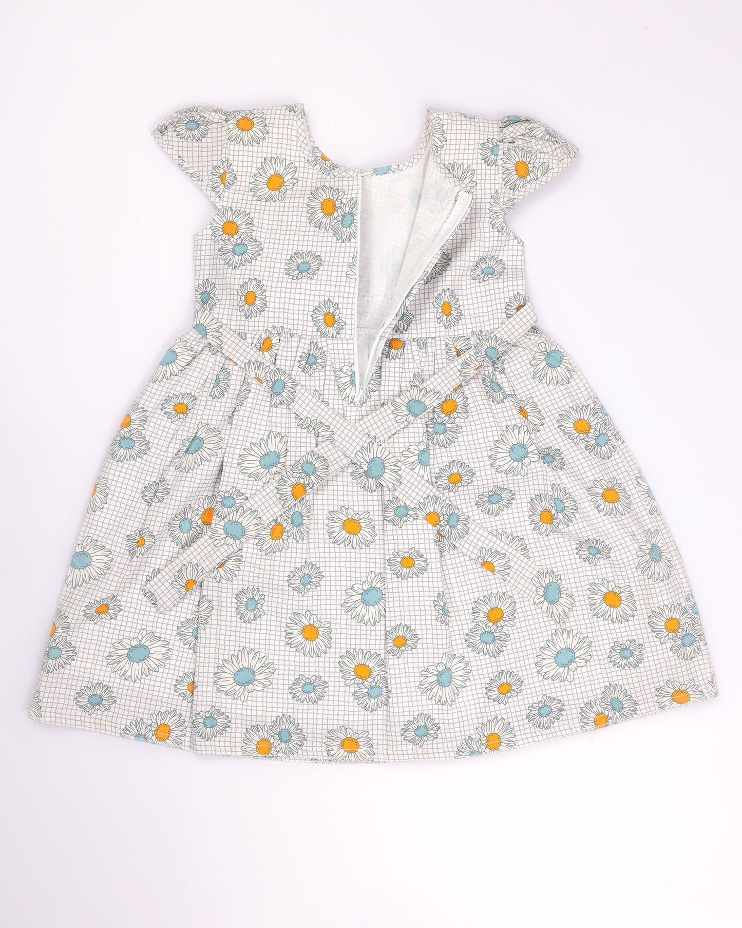Flower Check Print Frock Dress with Belt Detai