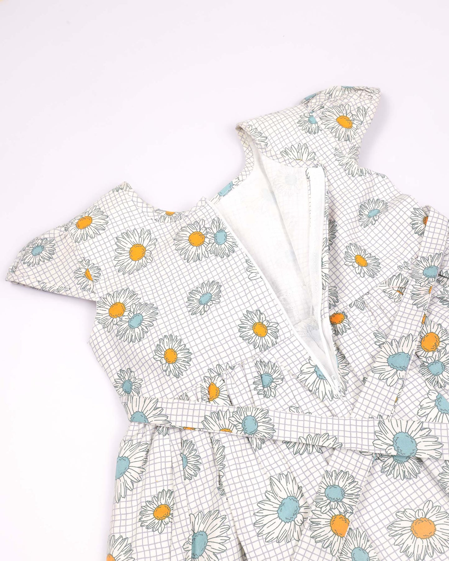Flower Check Print Frock Dress with Belt Detai