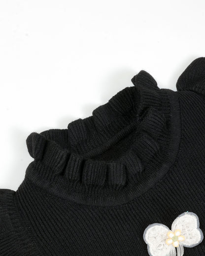 Ruffled Collar Ribbed Sweater Frock Dress