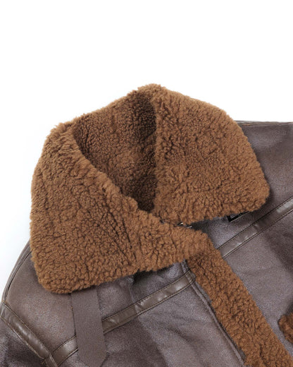 Leather Solid Texture Teddy Fur Jacket With Leather Details