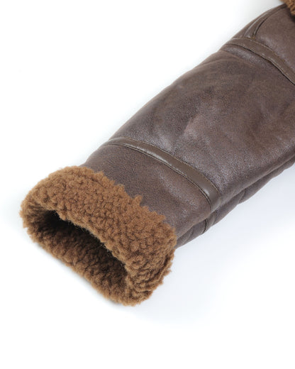 Leather Solid Texture Teddy Fur Jacket With Leather Details