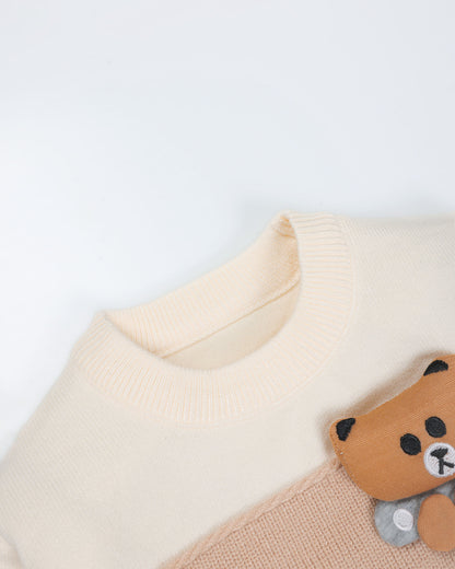 Teddy Bear Toy Appliqued Ribbed Knit Detail Sweater Co-Ord