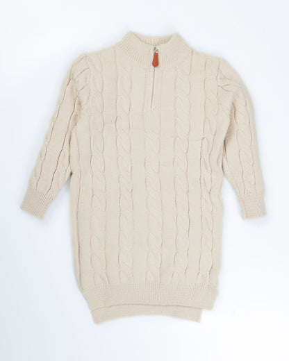 Cable Kint Sweater Midi Dress With Sleeveless Vintage Fur Jacket
