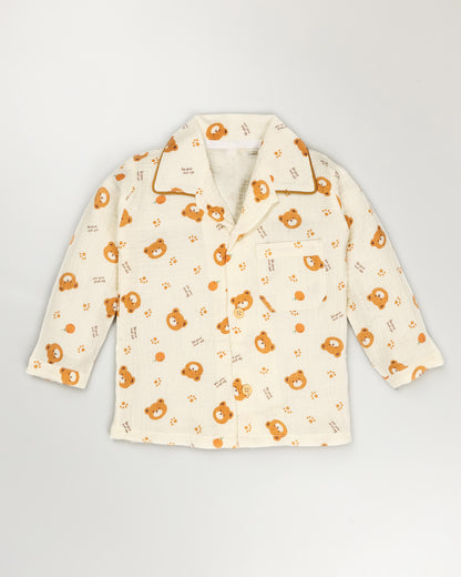 Orange Bear Printed Crinkled Muslin Night Suit