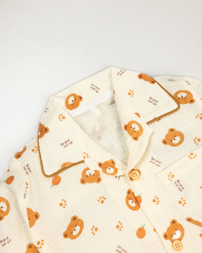 Orange Bear Printed Crinkled Muslin Night Suit