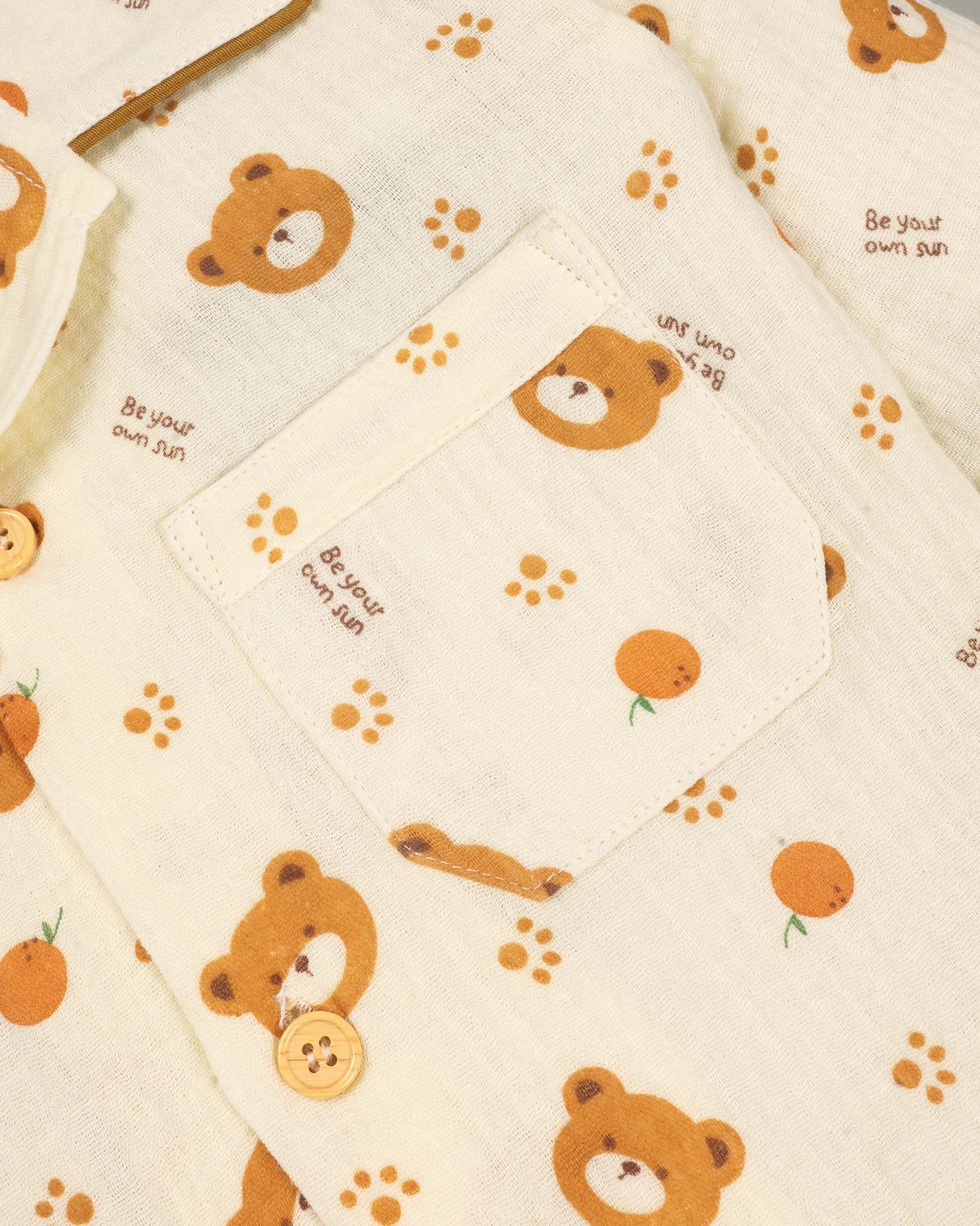 Orange Bear Printed Crinkled Muslin Night Suit