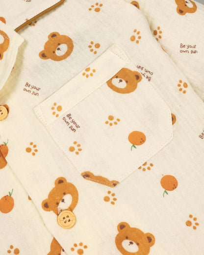 Orange Bear Printed Crinkled Muslin Night Suit