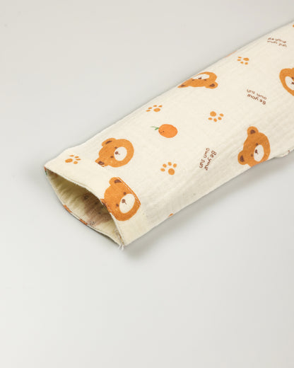 Orange Bear Printed Crinkled Muslin Night Suit