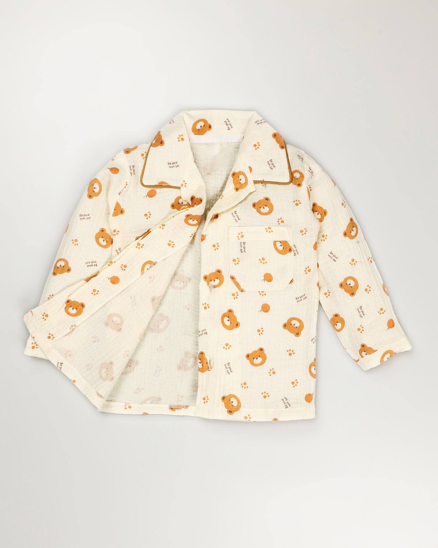 Orange Bear Printed Crinkled Muslin Night Suit
