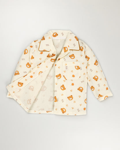 Orange Bear Printed Crinkled Muslin Night Suit