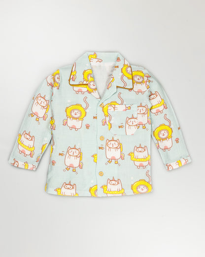 Swimming Cat Printed Crinkled Muslin Night Suit