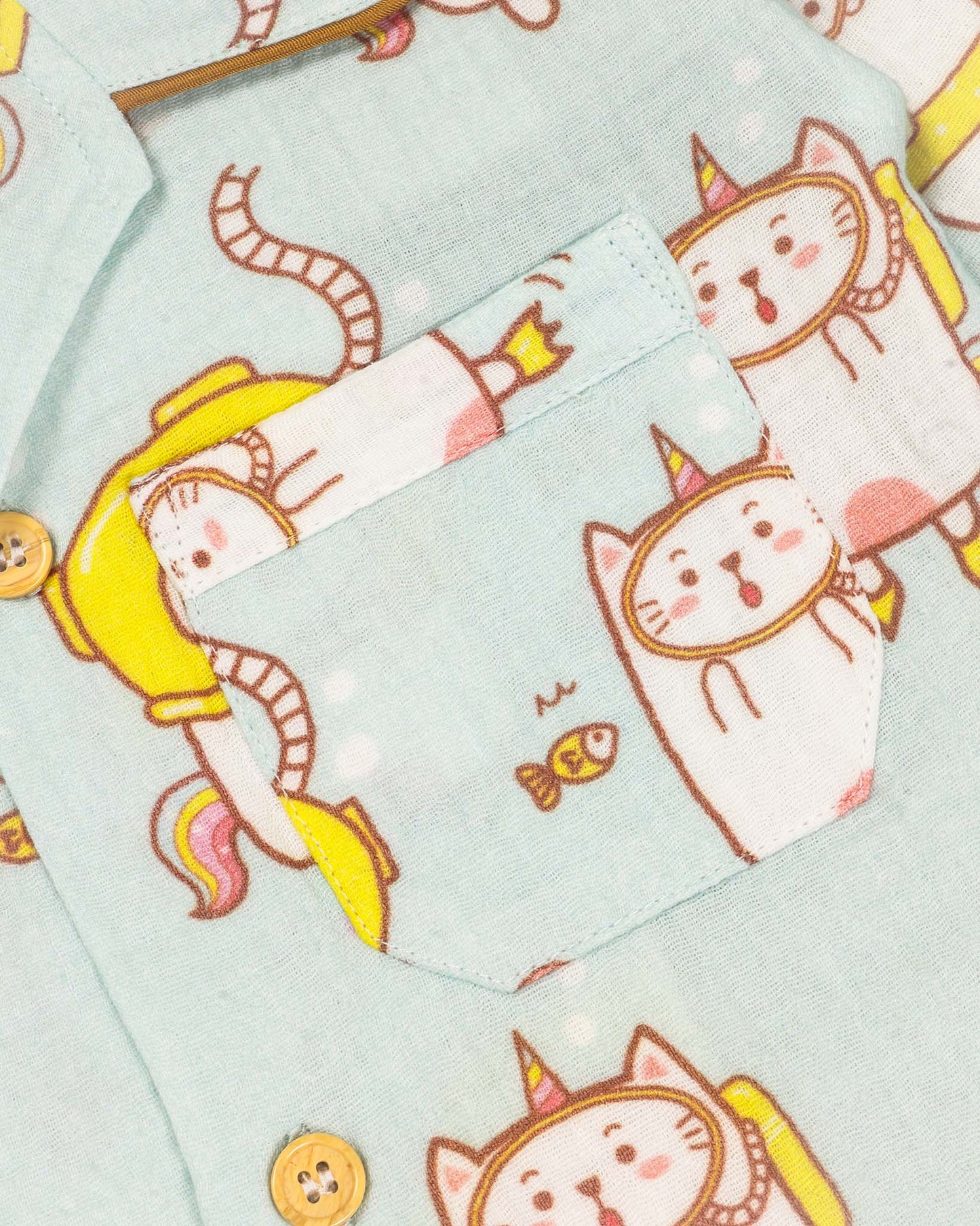 Swimming Cat Printed Crinkled Muslin Night Suit