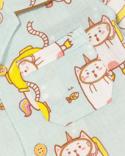 Swimming Cat Printed Crinkled Muslin Night Suit