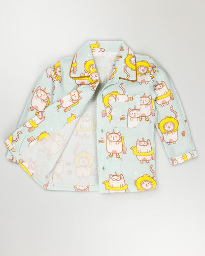Swimming Cat Printed Crinkled Muslin Night Suit