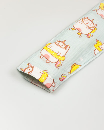 Swimming Cat Printed Crinkled Muslin Night Suit