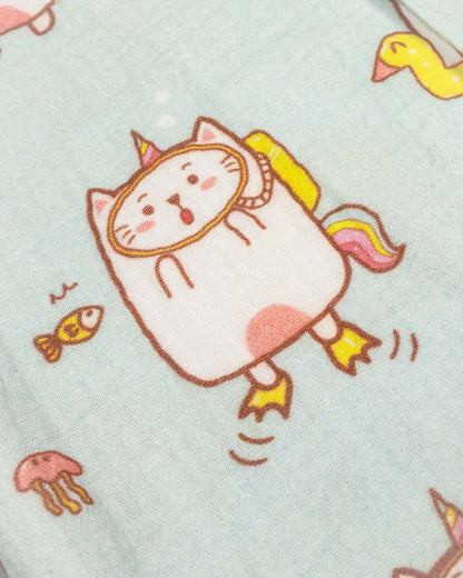 Swimming Cat Printed Crinkled Muslin Night Suit