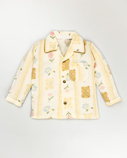 Bear Flower Printed Crinkled Muslin Night Suit
