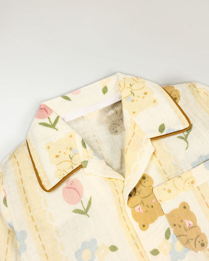 Bear Flower Printed Crinkled Muslin Night Suit