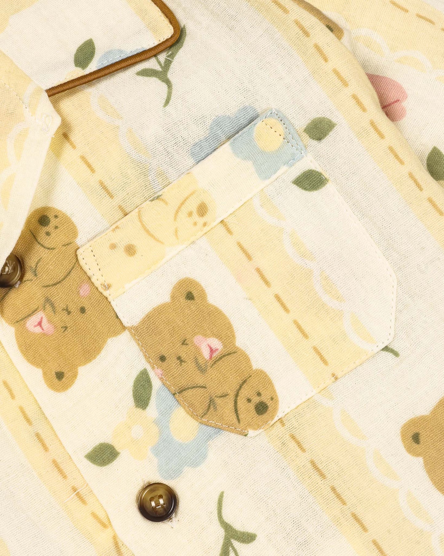 Bear Flower Printed Crinkled Muslin Night Suit