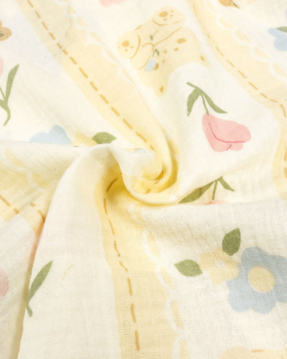 Bear Flower Printed Crinkled Muslin Night Suit