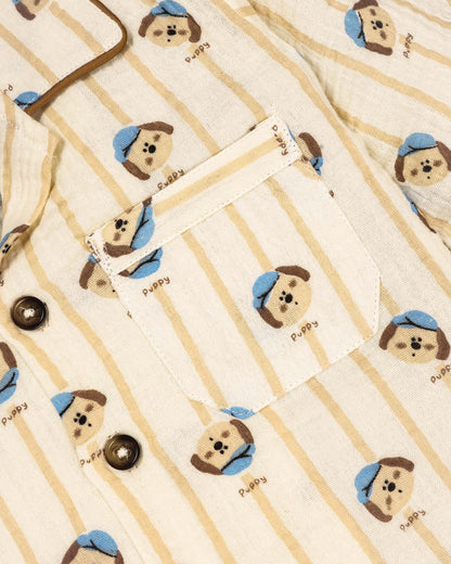 Puppy Vertical Stripe Printed Crinkled Muslin Night Suit