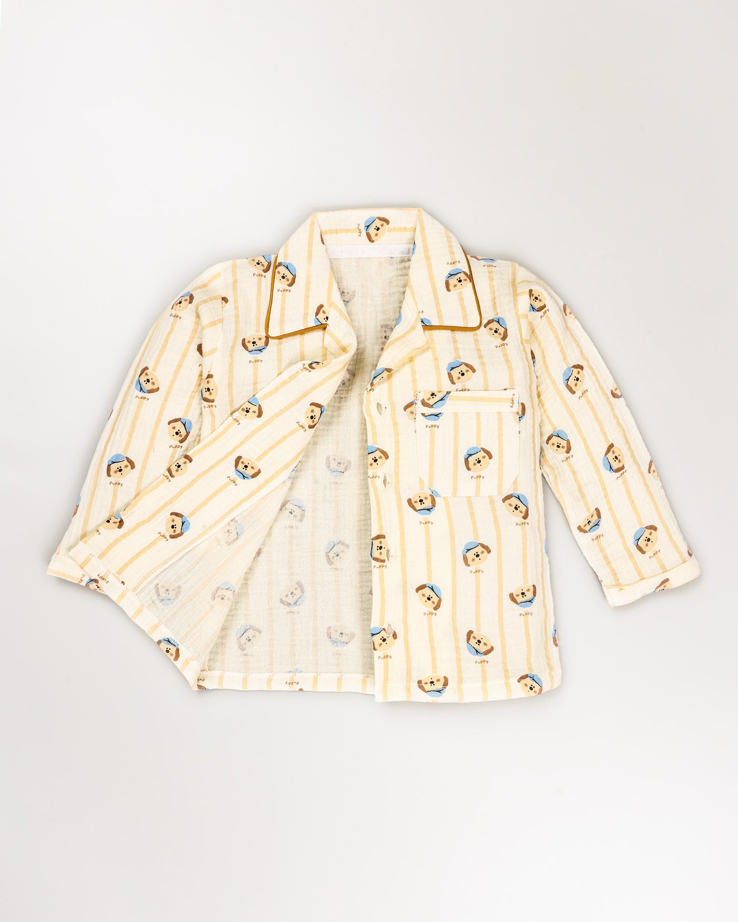 Puppy Vertical Stripe Printed Crinkled Muslin Night Suit