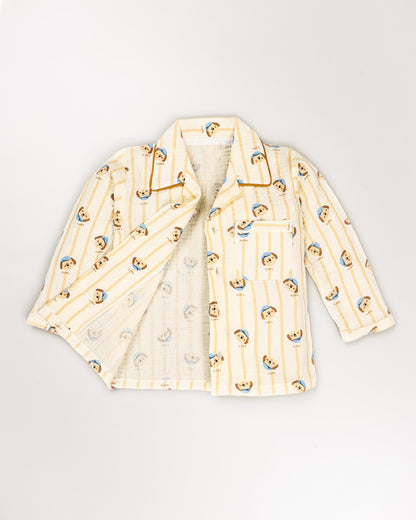 Puppy Vertical Stripe Printed Crinkled Muslin Night Suit