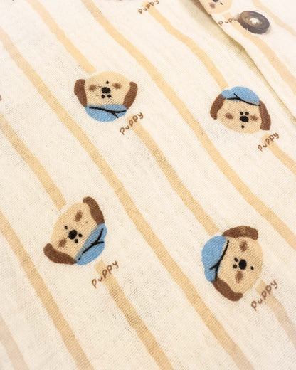 Puppy Vertical Stripe Printed Crinkled Muslin Night Suit