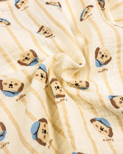 Puppy Vertical Stripe Printed Crinkled Muslin Night Suit