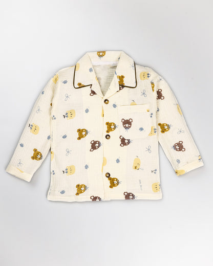 Bow Bear Berry Printed Crinkled Muslin Night Suit