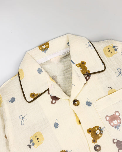 Bow Bear Berry Printed Crinkled Muslin Night Suit