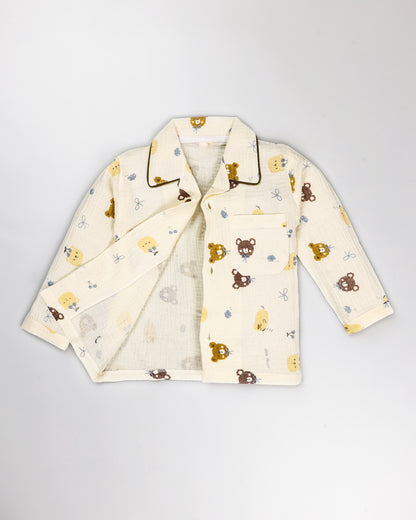 Bow Bear Berry Printed Crinkled Muslin Night Suit