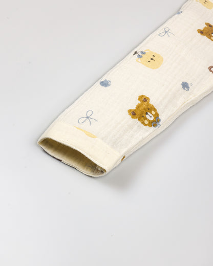 Bow Bear Berry Printed Crinkled Muslin Night Suit