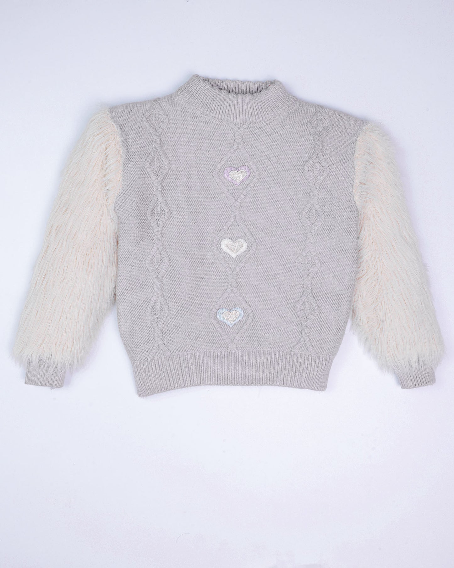 Heart Appliqued Fur Sleeves Knitted Sweater