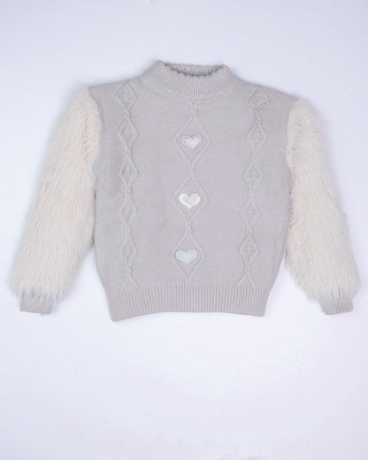 Heart Appliqued Fur Sleeves Knitted Sweater