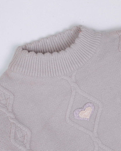 Heart Appliqued Fur Sleeves Knitted Sweater