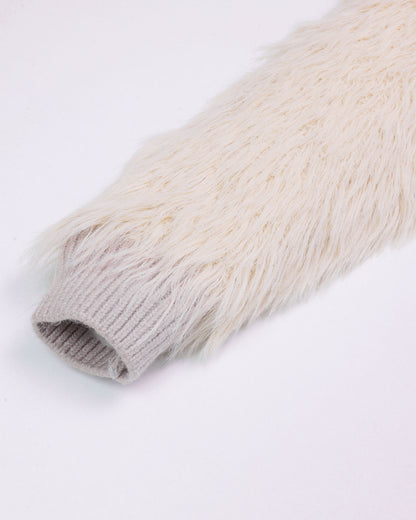 Heart Appliqued Fur Sleeves Knitted Sweater