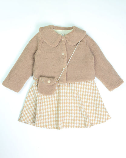 Dual Toned Houndstooth Fleeced Frock with Jacket