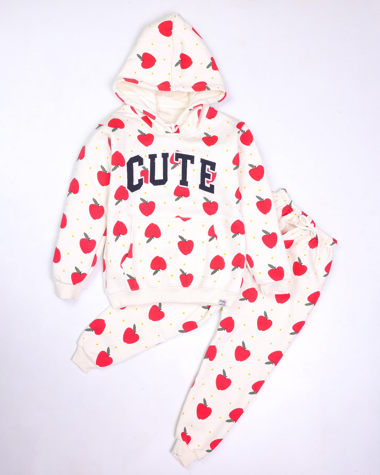 Cute Appliqued Apple Printed Hoodie Co-Ord Set