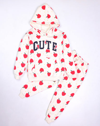 Cute Appliqued Apple Printed Hoodie Co-Ord Set