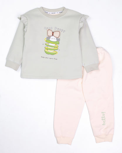 Bow Appliqued Printed Fleeced Co-Ord Set