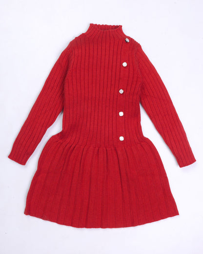 Vertical Textured Sweater Dress Frock with Button Details