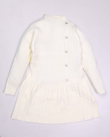 Vertical Textured Sweater Dress Frock with Button Details