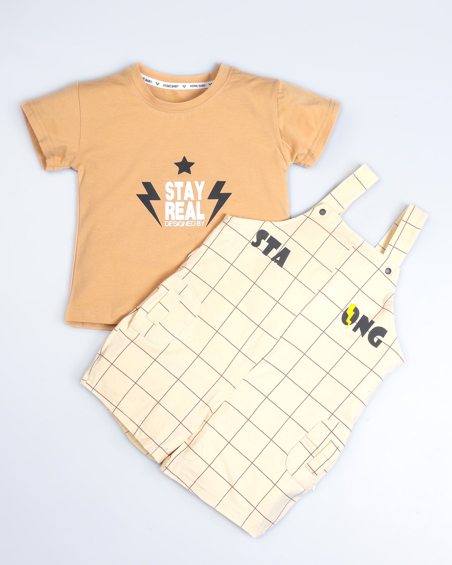 Stay Real T-Shirt With Check Printed Dungaree