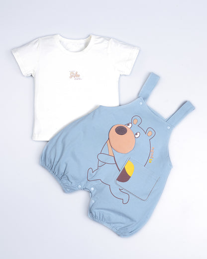 Aged To Bear Printed Appliqued Organic Cotton Dungaree Set