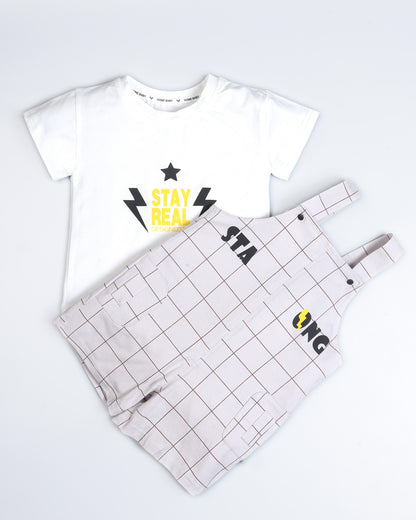 Stay Real T-Shirt With Check Printed Dungaree