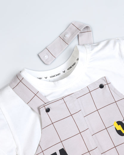 Stay Real T-Shirt With Check Printed Dungaree