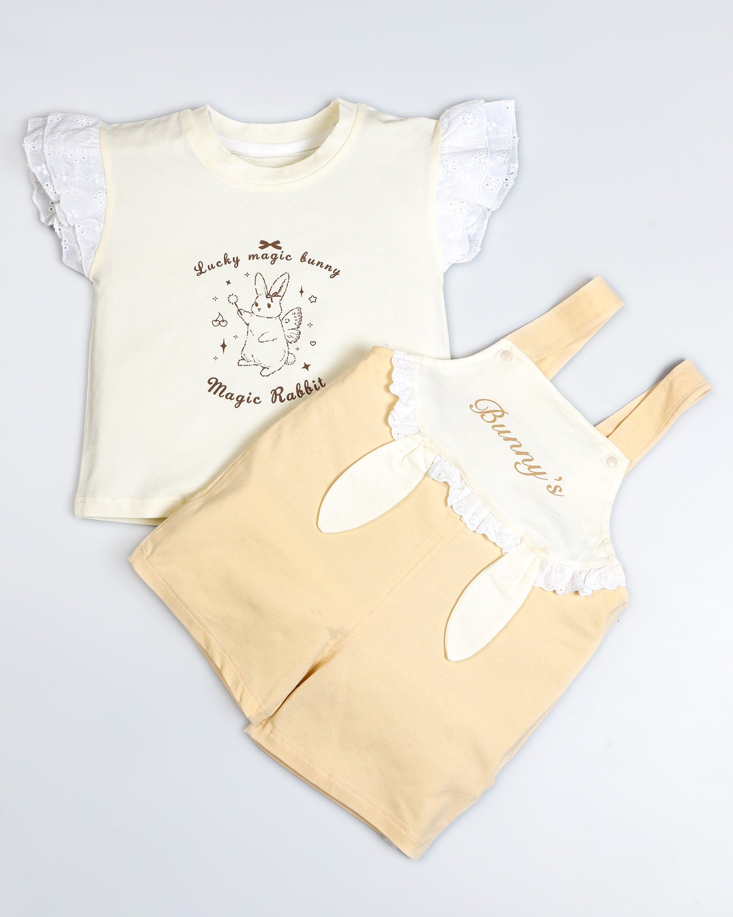 Bunny Printed T-Shirt / Dungaree Set - Lemon / Mango