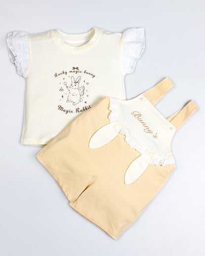 Bunny Printed T-Shirt / Dungaree Set - Lemon / Mango
