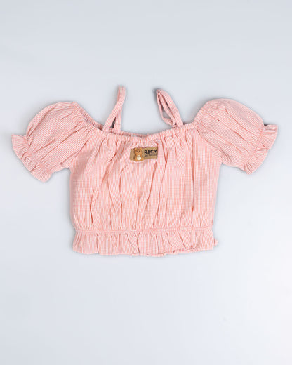 Drop Shoulder Check Textured Blouse & Skirt With Bow Detail